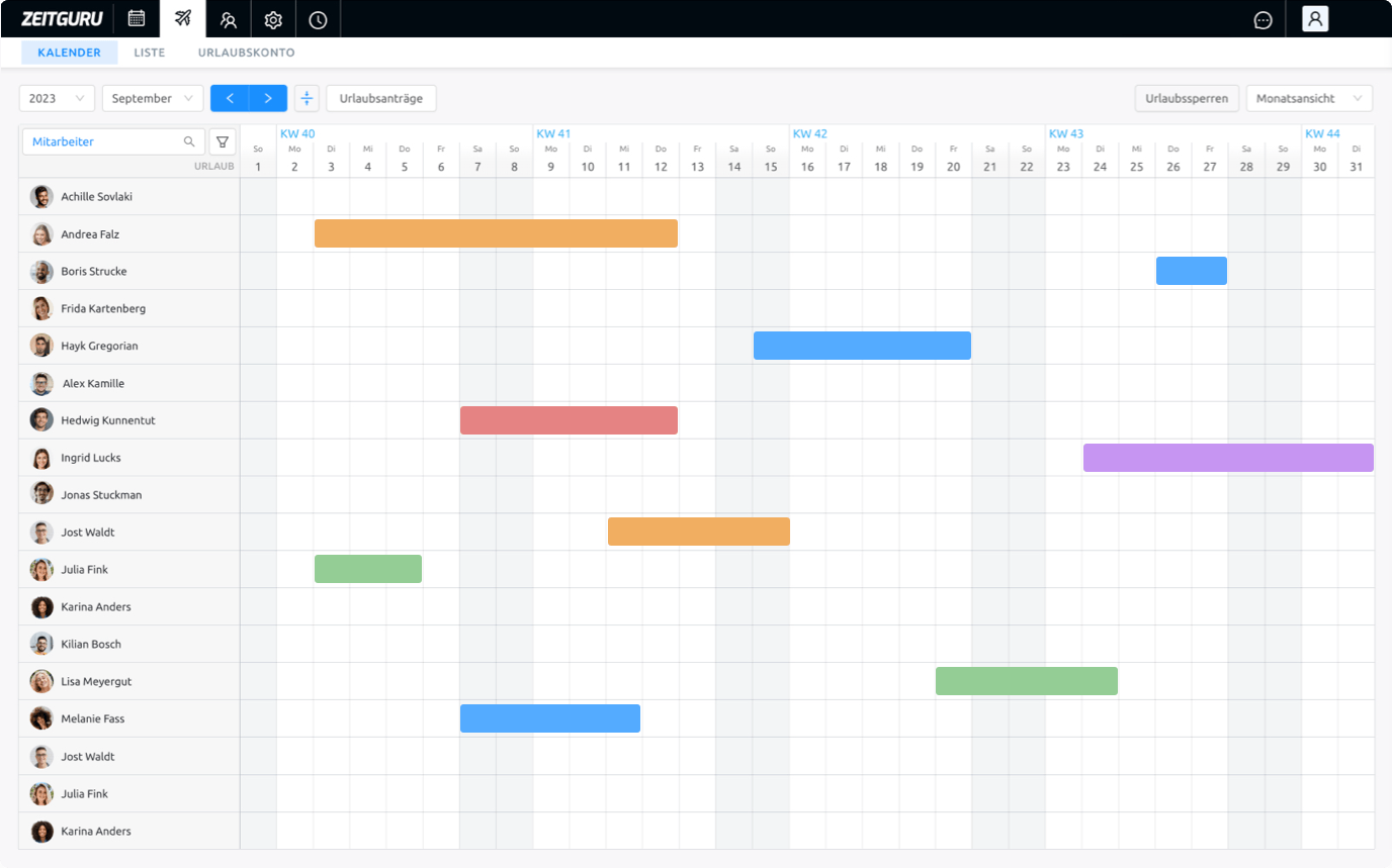 Kalenderansicht Urlaubsplaner Schichtplanung